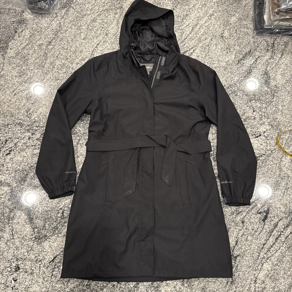 Eddie Bauer Woman's Black Waterproof Trench Coat Hoodie WeatherEdge #22